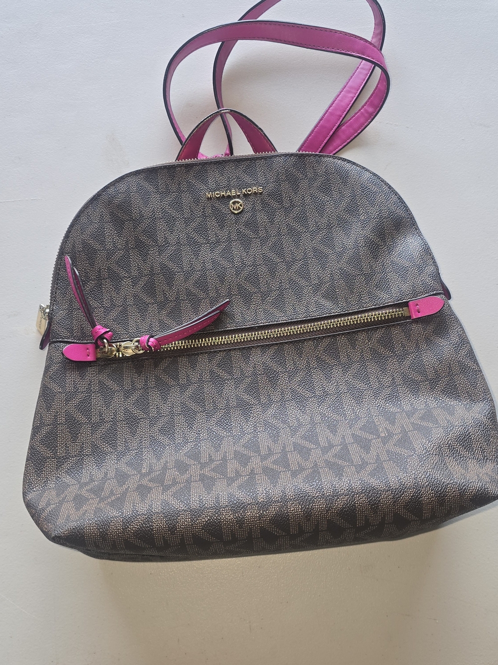 Michael Kors Brown Monogram Backpack with Pink Trim